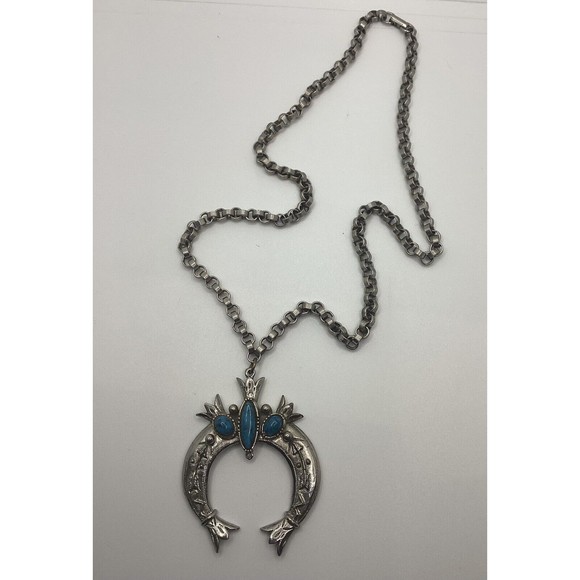 Vintage Necklace Signed ART Arthur Pepper 24” Silver Tone Turquoise Pendant - Picture 2 of 7